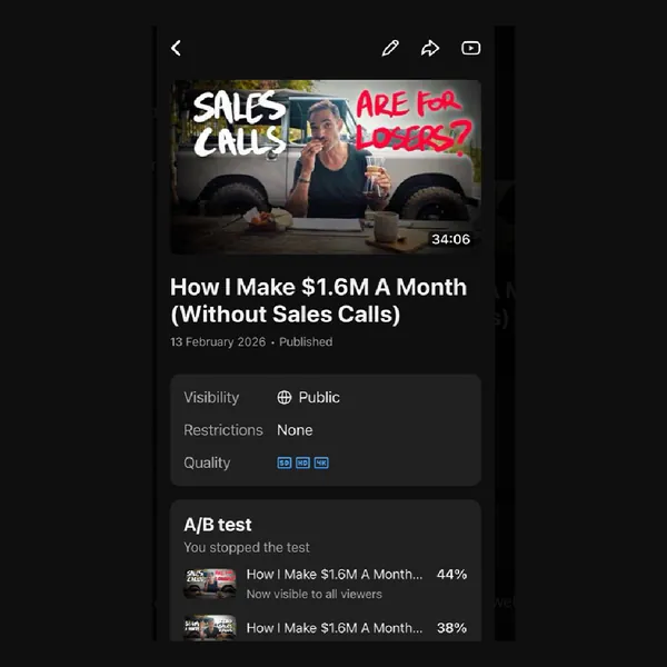 YouTube Studio: “How I Make $1.6M A Month (Without Sales Calls)” and its A/B test results
