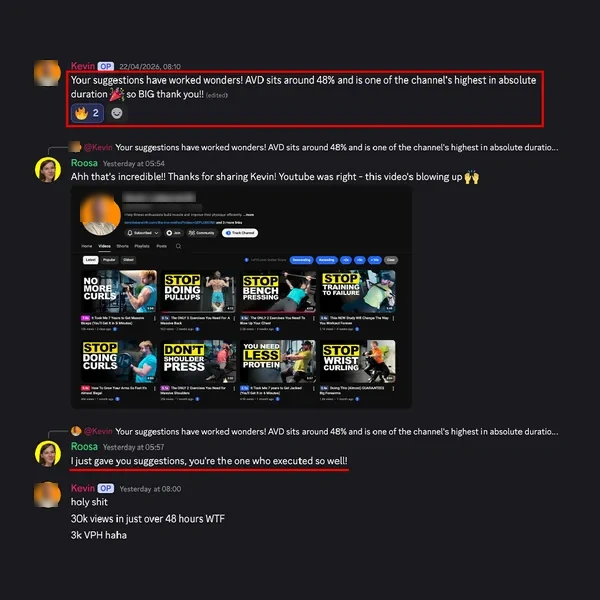 Kevin on Discord: “Your suggestions have worked wonders!” then 30k views in just over 48 hours