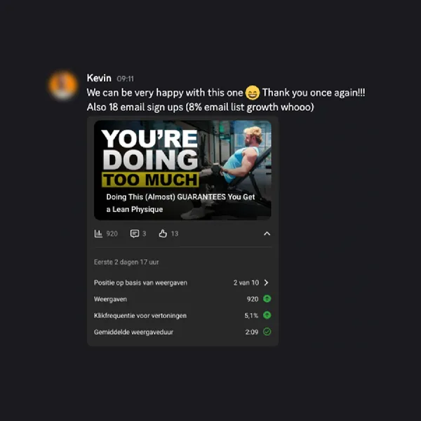 Kevin on Discord: 18 email sign-ups, 8% email list growth, video ranked 2 of 10