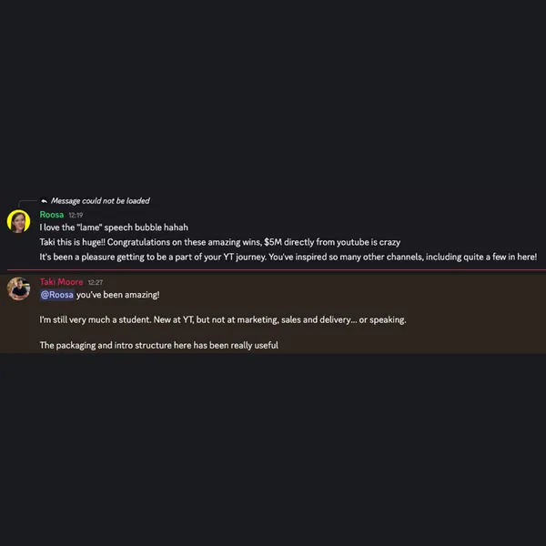 Taki Moore on Discord: “Roosa you’ve been amazing! … The packaging and intro structure here has been really useful”