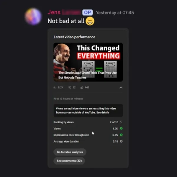 Jens on Discord: “Not bad at all”, video at 8.2K views, ranked 2 of 10