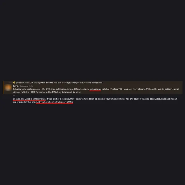 Kevin on Discord: highest CTR ever on his video and 14 email sign-ups