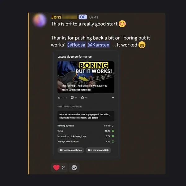 Jens on Discord: “This is off to a really good start”, video at 10.1K views, ranked 1 of 10