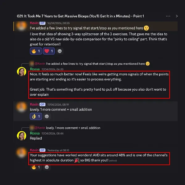 Kevin and Roosa on Discord working through a script, ending with “Your suggestions have worked wonders!”