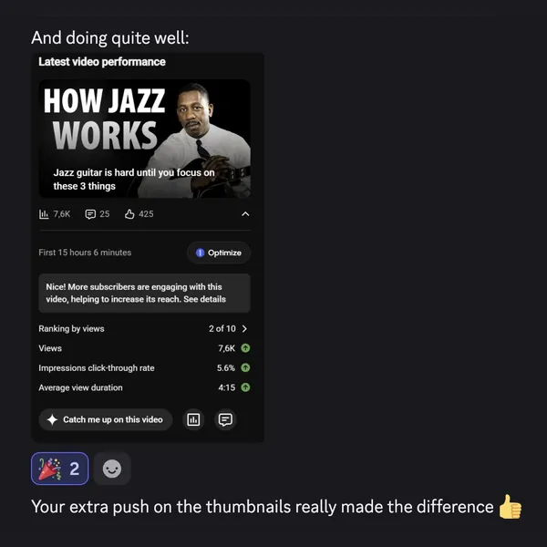 Jens on Discord: “How Jazz Works” at 7.6K views, “Your extra push on the thumbnails really made the difference”