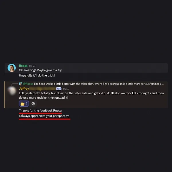 Client feedback screenshot from Discord or email