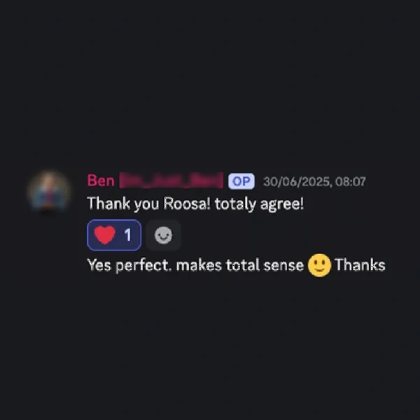 Client feedback screenshot from Discord or email