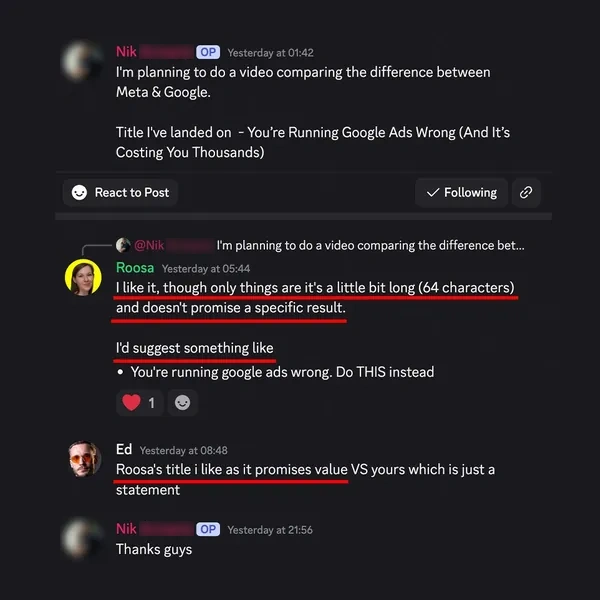 Client feedback screenshot from Discord or email