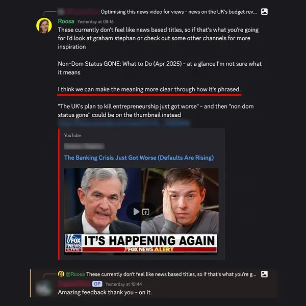 Client feedback screenshot from Discord or email