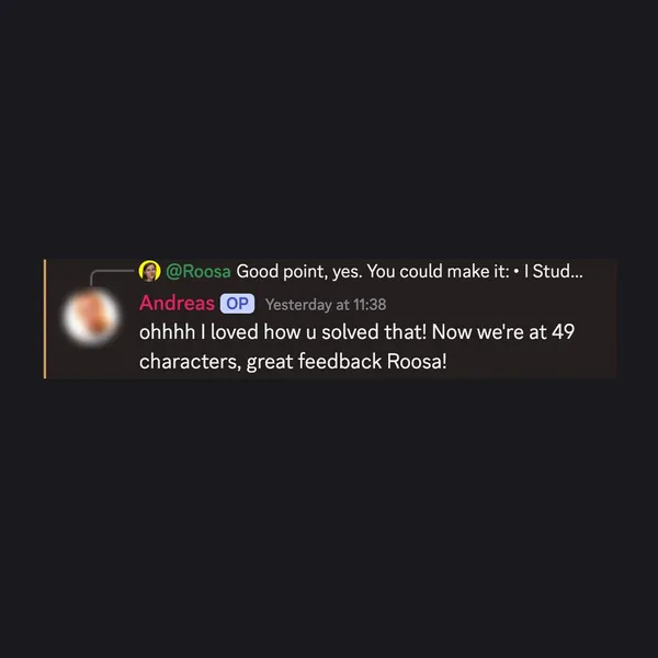 Client feedback screenshot from Discord or email