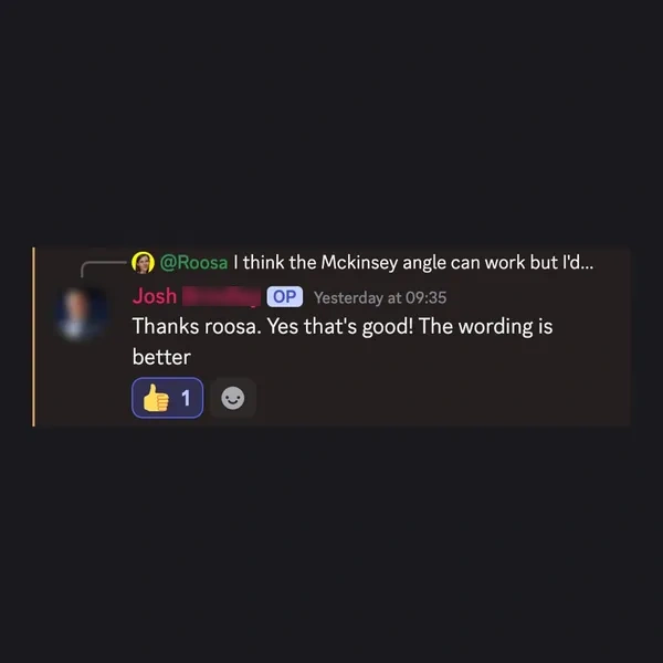 Client feedback screenshot from Discord or email
