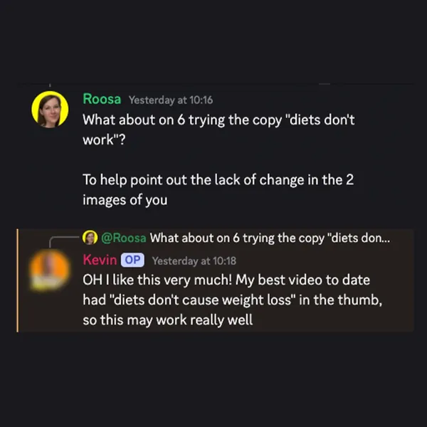 Client feedback screenshot from Discord or email