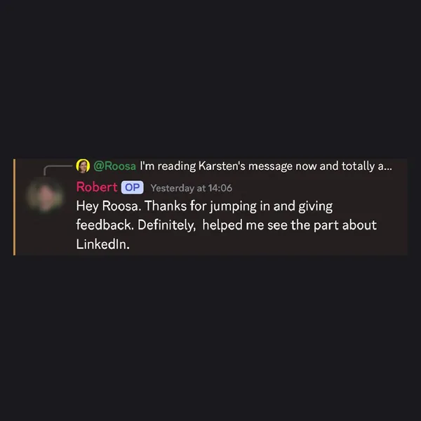 Client feedback screenshot from Discord or email
