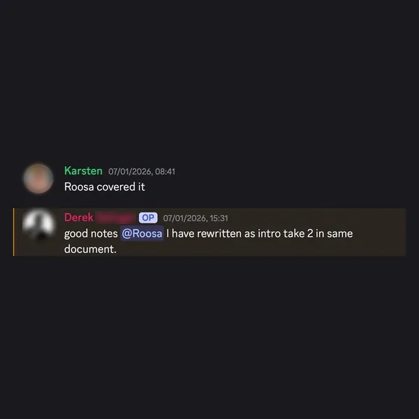 Client feedback screenshot from Discord or email