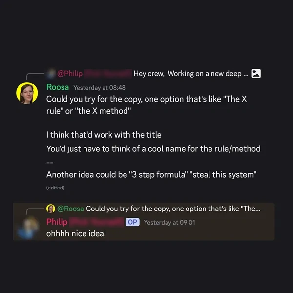 Client feedback screenshot from Discord or email