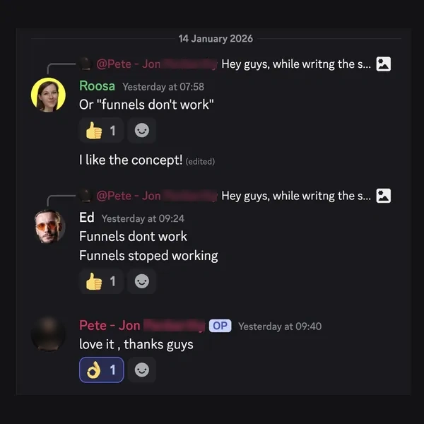 Client feedback screenshot from Discord or email