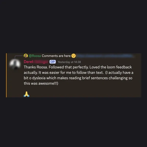 Client feedback screenshot from Discord or email