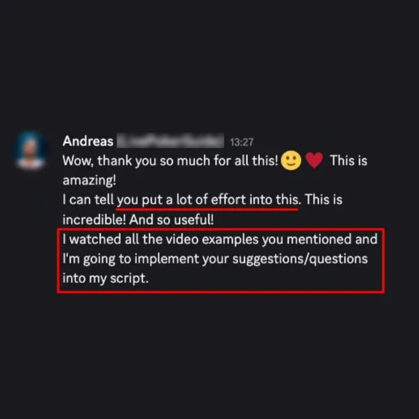 Client feedback screenshot from Discord or email