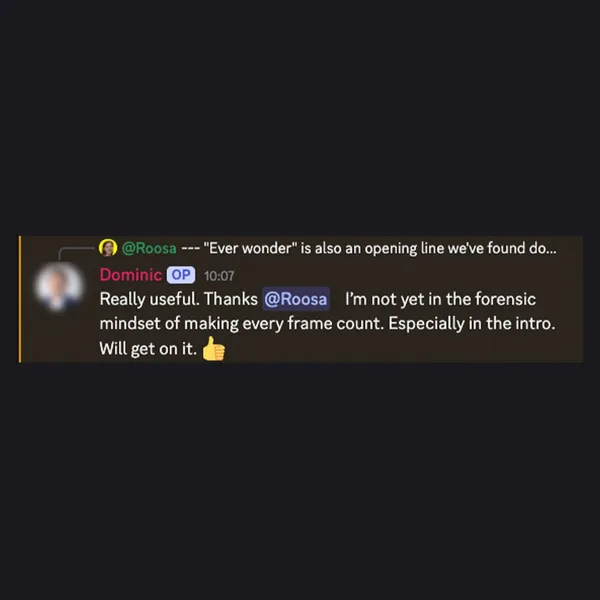 Client feedback screenshot from Discord or email
