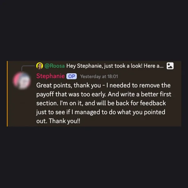 Client feedback screenshot from Discord or email