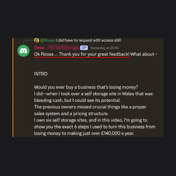 Client feedback screenshot from Discord or email
