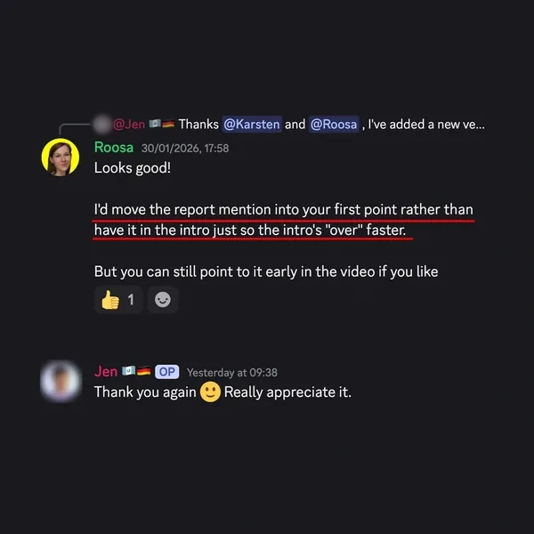 Client feedback screenshot from Discord or email