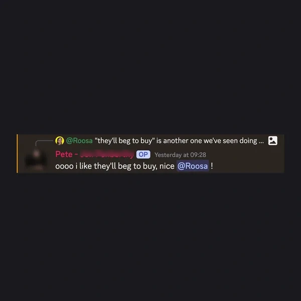 Client feedback screenshot from Discord or email