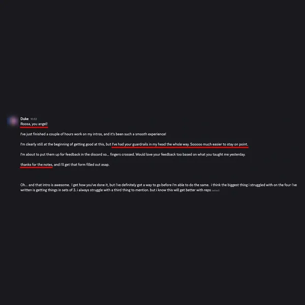 Client feedback screenshot from Discord or email