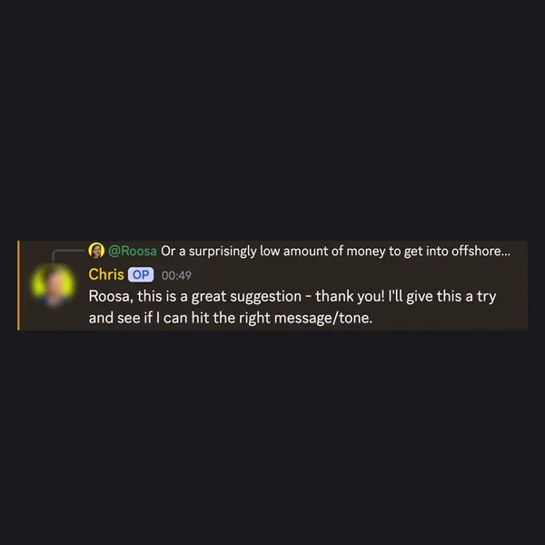 Client feedback screenshot from Discord or email