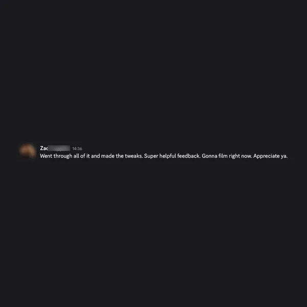 Client feedback screenshot from Discord or email