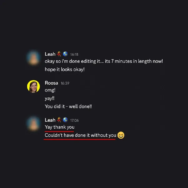 Client feedback screenshot from Discord or email