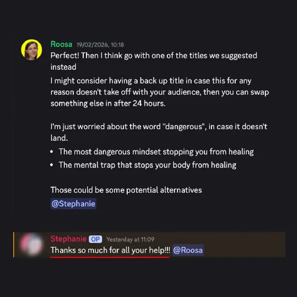 Client feedback screenshot from Discord or email