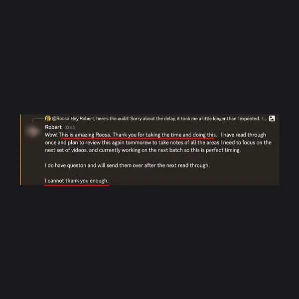 Client feedback screenshot from Discord or email