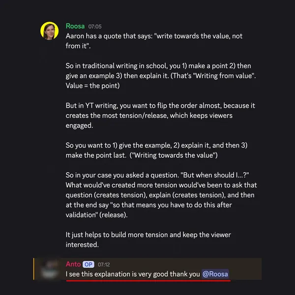 Client feedback screenshot from Discord or email
