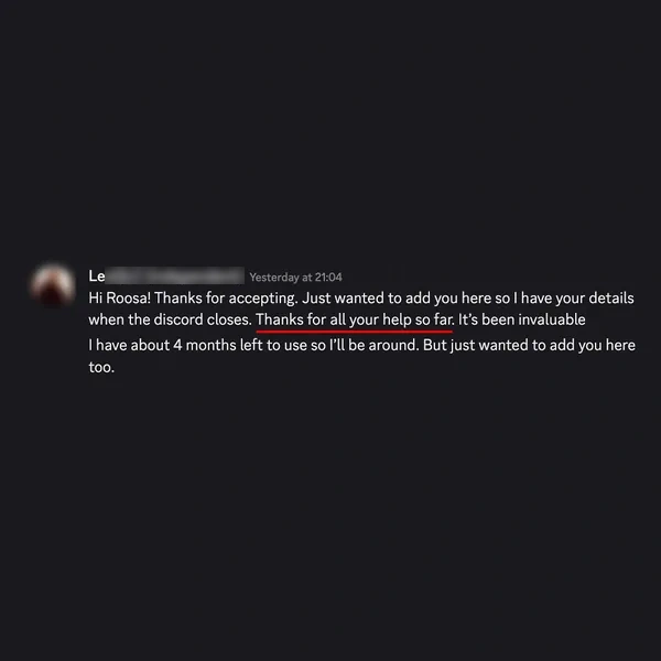 Client feedback screenshot from Discord or email