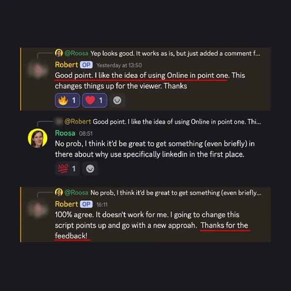 Client feedback screenshot from Discord or email