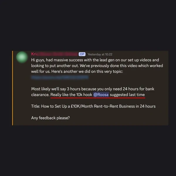 Client feedback screenshot from Discord or email