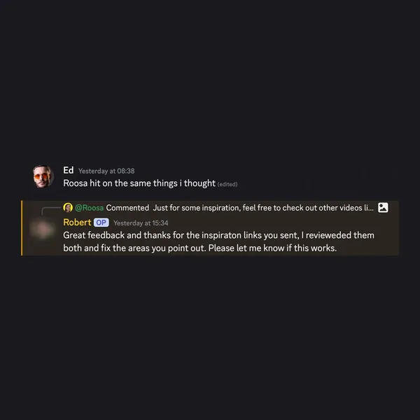 Client feedback screenshot from Discord or email