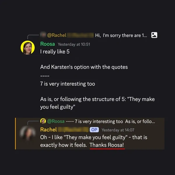 Client feedback screenshot from Discord or email