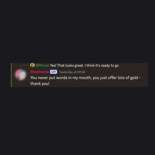 Client feedback screenshot from Discord or email