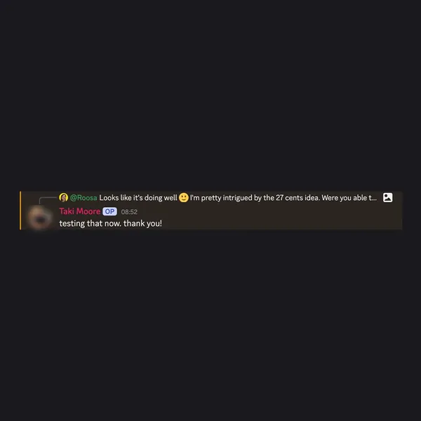 Client feedback screenshot from Discord or email