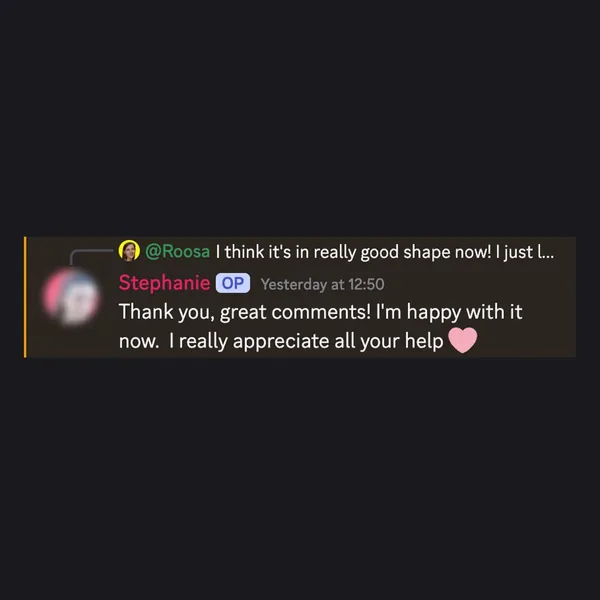 Client feedback screenshot from Discord or email