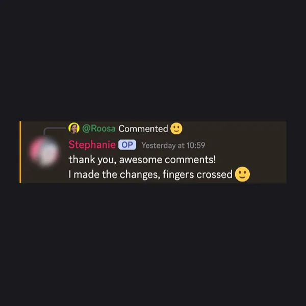 Client feedback screenshot from Discord or email