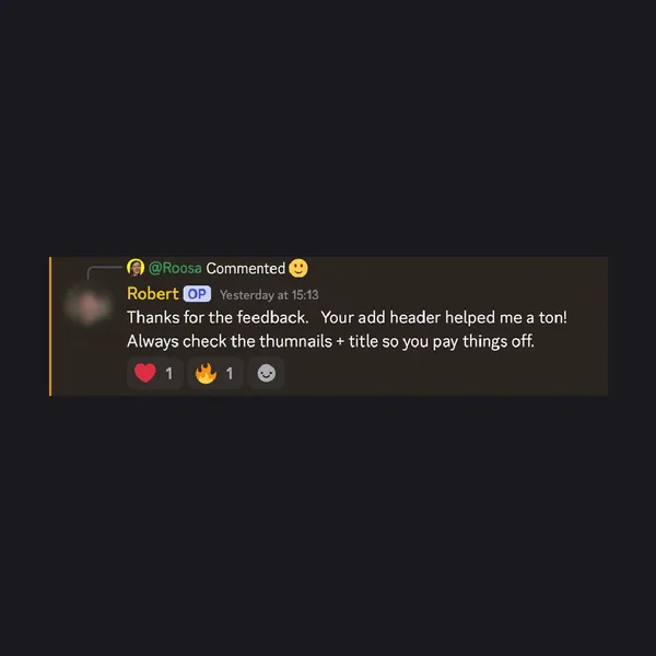 Client feedback screenshot from Discord or email
