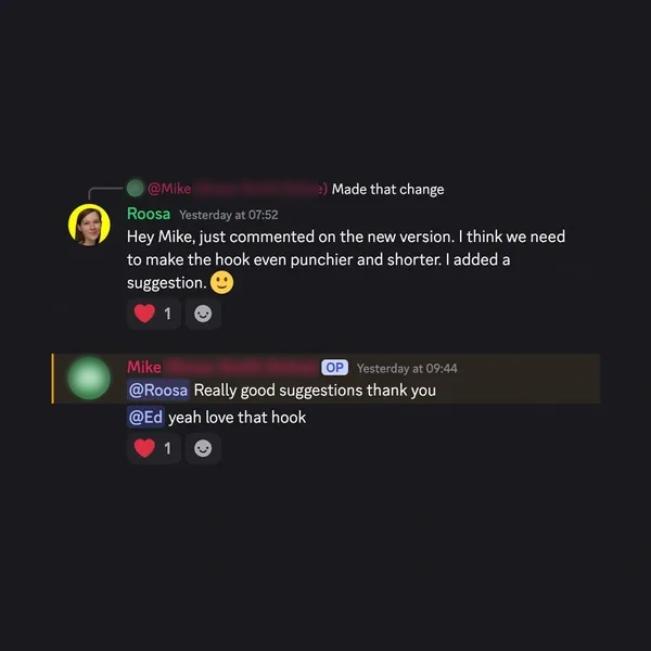 Client feedback screenshot from Discord or email
