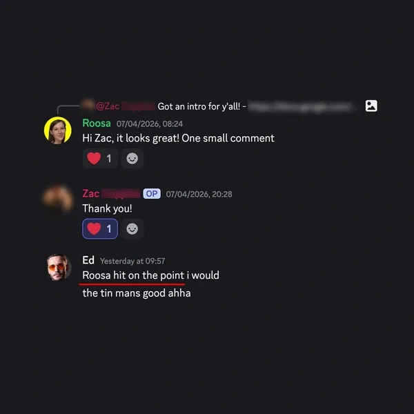 Client feedback screenshot from Discord or email