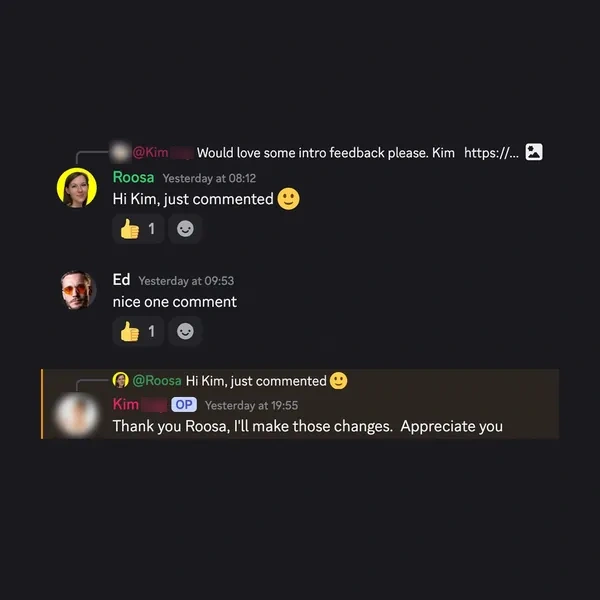 Client feedback screenshot from Discord or email