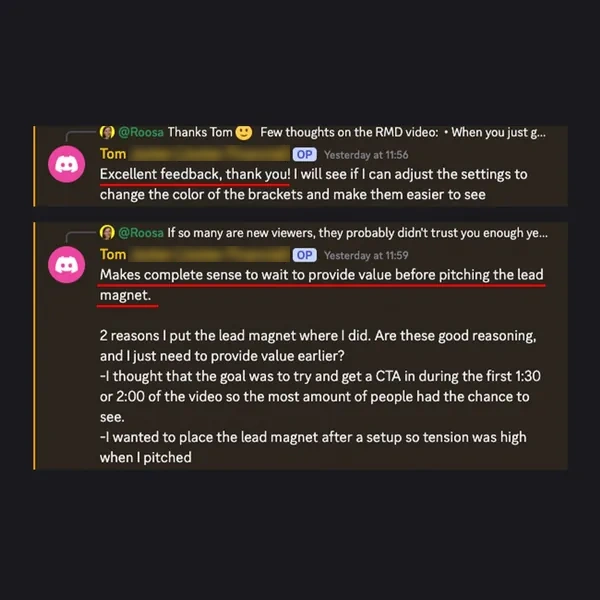 Client feedback screenshot from Discord or email