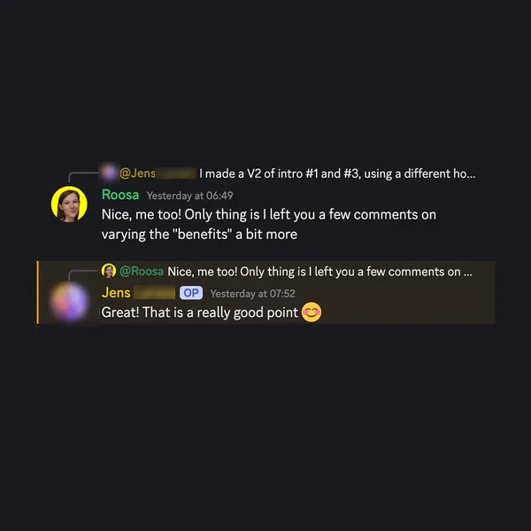 Client feedback screenshot from Discord or email