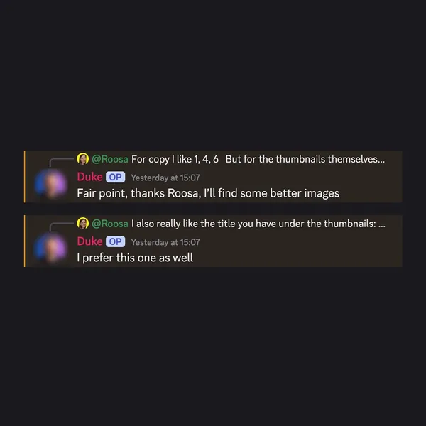 Client feedback screenshot from Discord or email